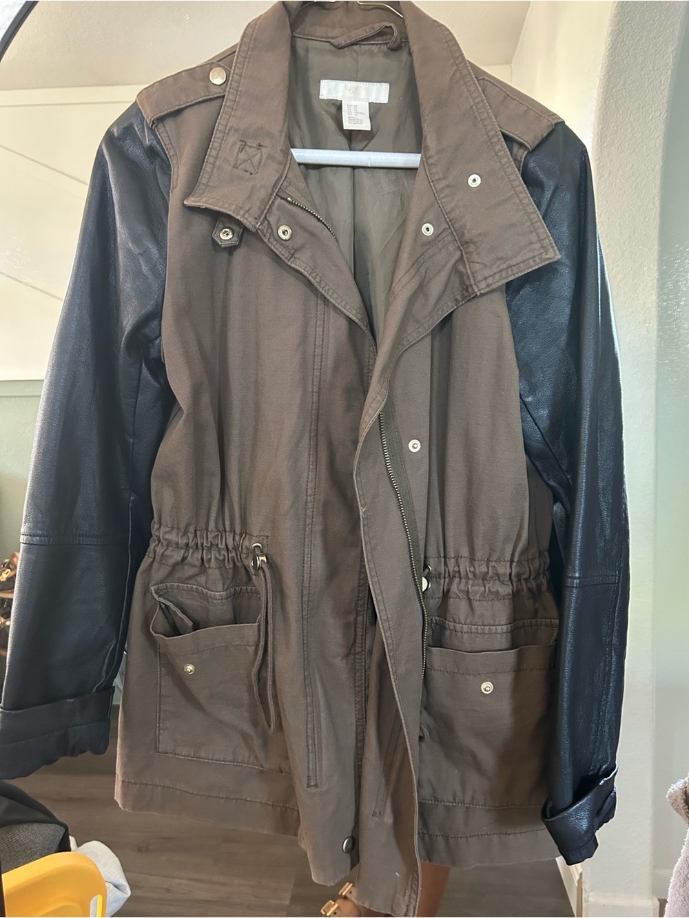 H&M Brown Utility Jacket with Black Faux Leather Sleeves